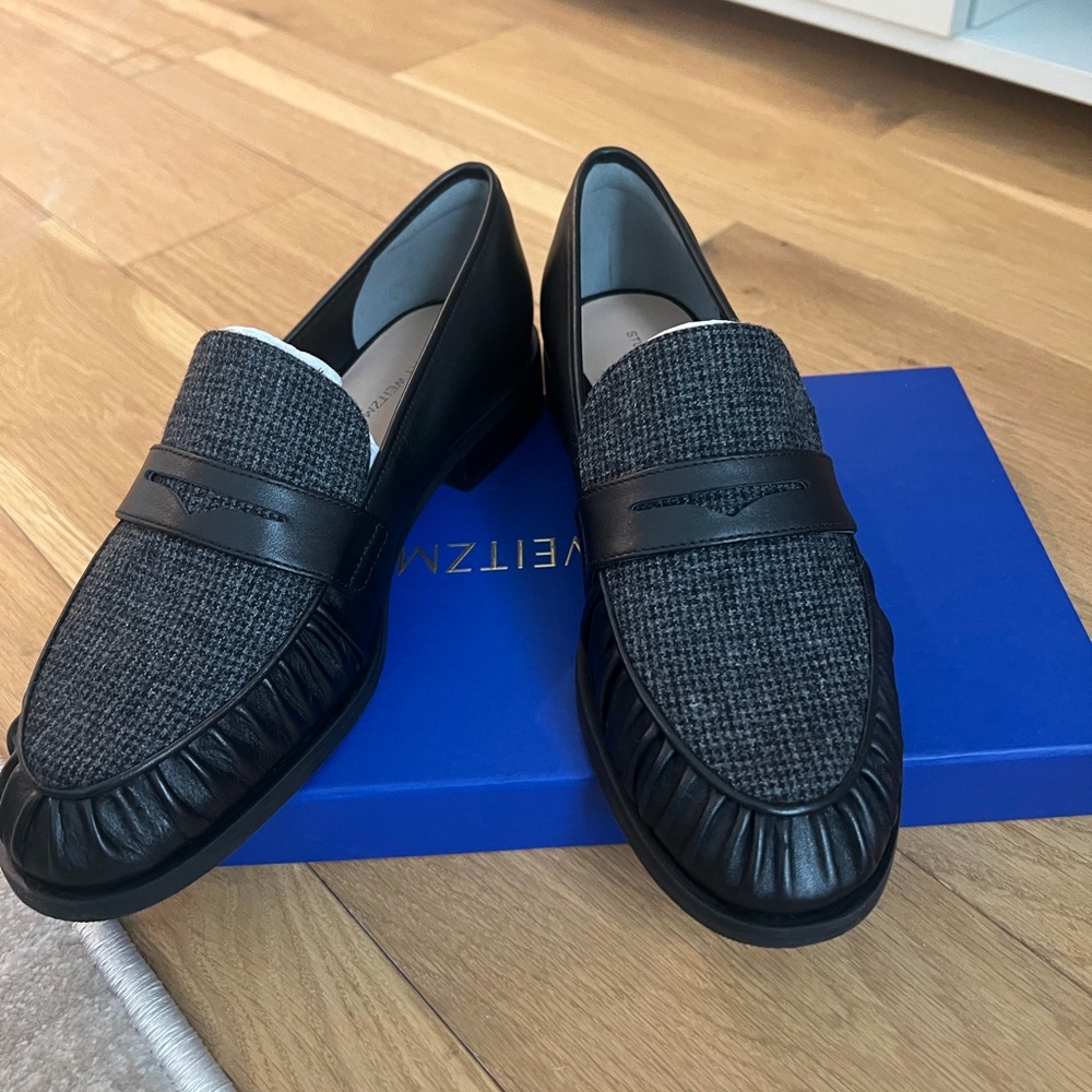 Stuart Weitzman Luanne Loafer Black with Grey Houndstooth Fabric Detail